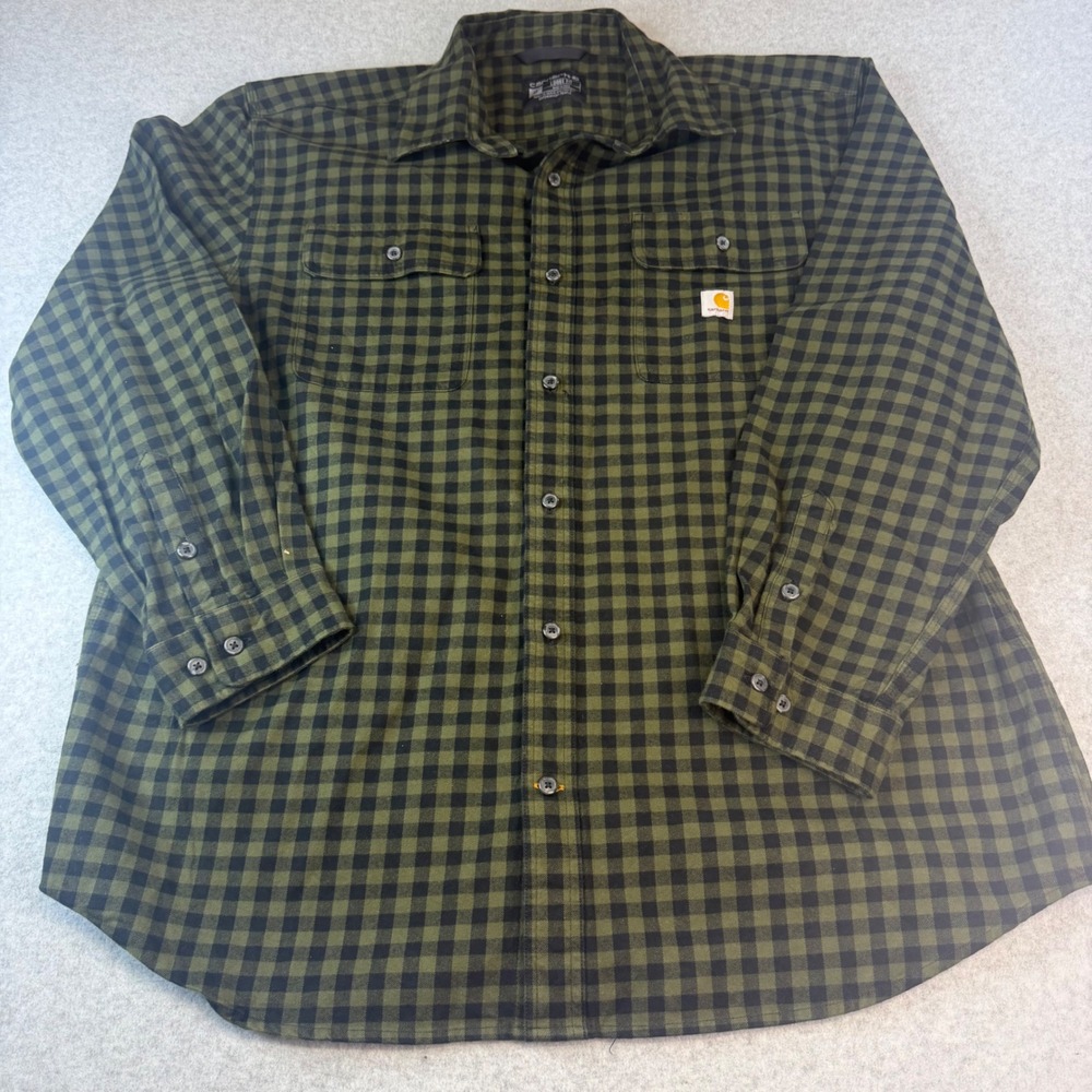 Carhartt Mens XL Loose Fit Flannel Shirt Green Black Plaid Buffalo Check L/S
